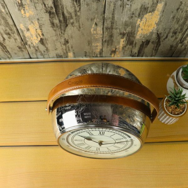 Globe-Shaped Nickel Steel Table Clock | Etched Map Detail, Leather Handle | Worldly Desk Decor & Unique Gift - Image 4