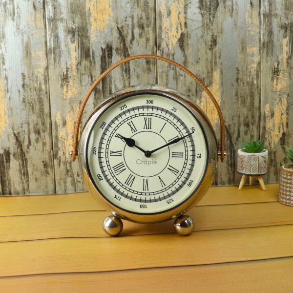 Globe-Shaped Nickel Steel Table Clock | Etched Map Detail, Leather Handle | Worldly Desk Decor & Unique Gift - Image 2