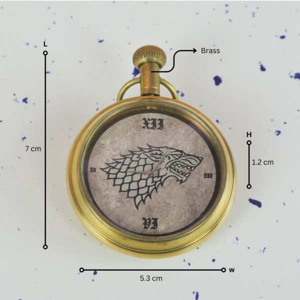Game of Thrones Direwolf Sigil Pocket Watch | Shiny Brass , Handcrafted, Miyota Movement, Roman Numerals & Chain | Inspired Timepiece Gift - Image 7