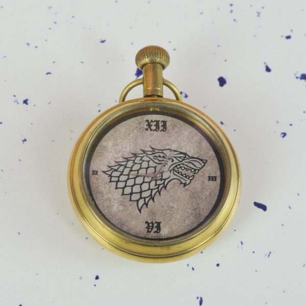 Game of Thrones Direwolf Sigil Pocket Watch | Shiny Brass , Handcrafted, Miyota Movement, Roman Numerals & Chain | Inspired Timepiece Gift - Image 4