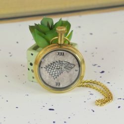 Game of Thrones Direwolf Sigil Pocket Watch | Shiny Brass , Handcrafted, Miyota Movement, Roman Numerals & Chain | Inspired Timepiece Gift - Image 3