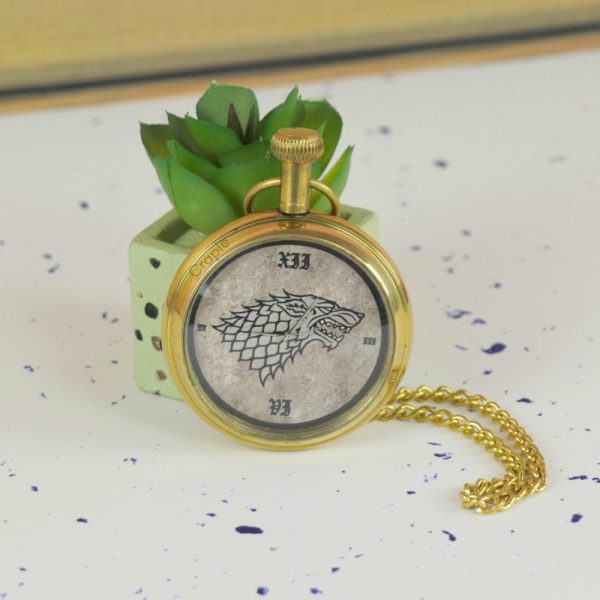 Game of Thrones Direwolf Sigil Pocket Watch | Shiny Brass , Handcrafted, Miyota Movement, Roman Numerals & Chain | Inspired Timepiece Gift - Image 3
