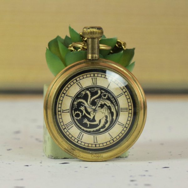 Dragon Motif Dial Pocket Watch | Shiny Brass, Miyota Movement, Roman Numerals & Chain | Fantasy Inspired Timepiece Gift - Image 2