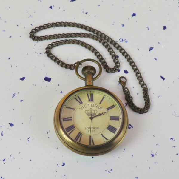 Victoria London 1915 Pocket Watch | Antique Brass, Miyota Movement, Crown Motif & Chain | Royal Inspired Timepiece Gift - Image 3