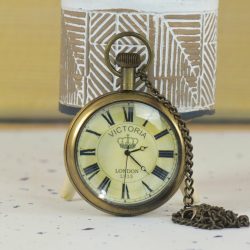 Victoria London 1915 Pocket Watch | Antique Brass, Miyota Movement, Crown Motif & Chain | Royal Inspired Timepiece Gift - Image 2