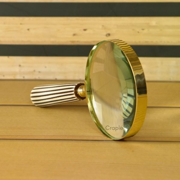 Striped Handle Shiny Brass Magnifier | Polished Finish, Clear Lens | Reading Aid & Modern Desk Decor - Image 3