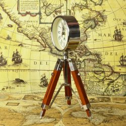 Adjustable Tripod Desk Clock | Nickel Finish Brass Head, Wood & Steel Stand | Vintage Surveyor Style Decor Gift - Image 2