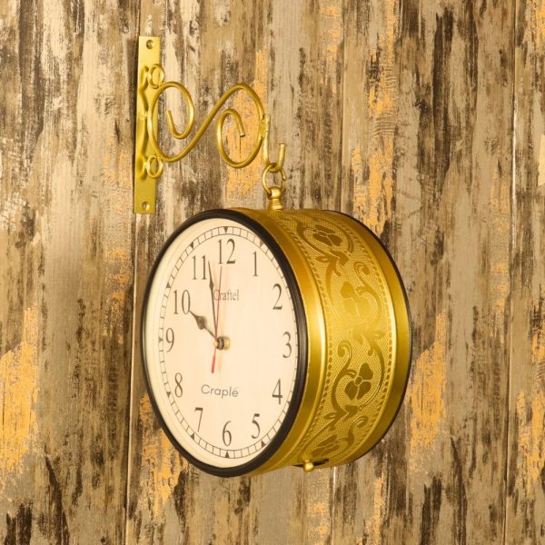 Double-Sided Brass Coated Steel Station Clock | Ornate Wall Bracket | Vintage Inspired Home & Office Decor - Image 4