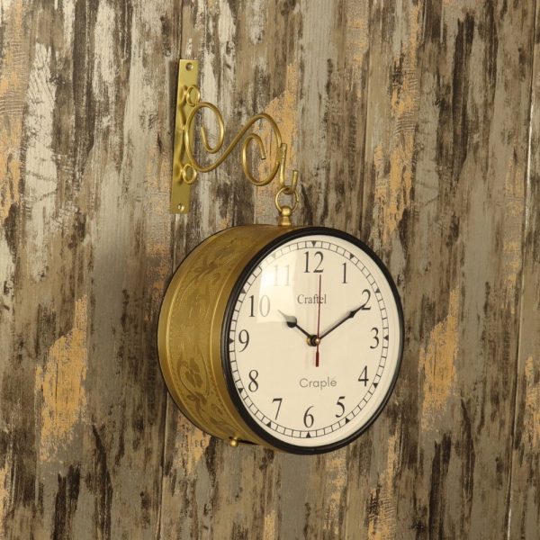 Double-Sided Brass Coated Steel Station Clock | Ornate Wall Bracket | Vintage Inspired Home & Office Decor - Image 3