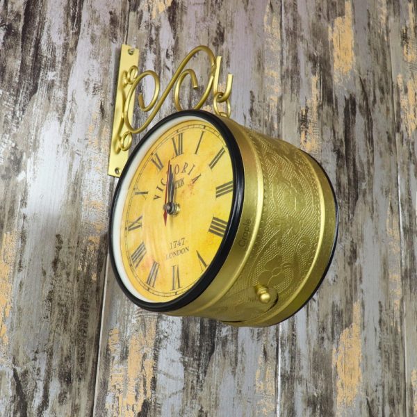 Golden Brass Coated Double-Sided Steel Station Clock | Ornate Wall Bracket, Victoria London Style | Vintage Home Decor Gift - Image 3