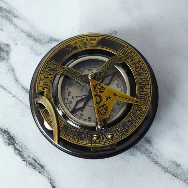 Antique Brass-Silver Sundial Compass | Gilbert & Sons Style, Water Level | Engravable Wooden Box, Desk Decor & Collector's Gift - Image 3