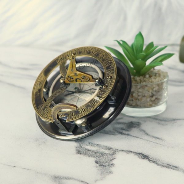 Antique Brass-Silver Sundial Compass | Gilbert & Sons Style, Water Level | Engravable Wooden Box, Desk Decor & Collector's Gift - Image 2