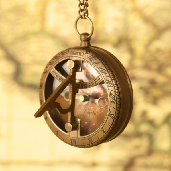 Gilbert & Sons Pocket Sundial Compass | Antique Brass, Foldable Gnomon & Chain | Vintage Navigational Keepsake - Image 3