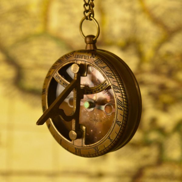 Gilbert & Sons Pocket Sundial Compass | Antique Brass, Foldable Gnomon & Chain | Vintage Navigational Keepsake - Image 6