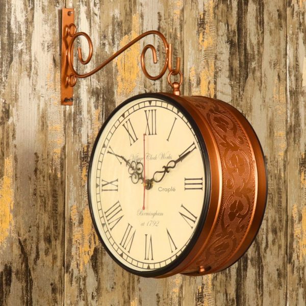 Embossed Double-Sided Steel Station Clock | Brass-Look, Ornate Scroll Bracket | Vintage Inspired Home Decor - Image 1