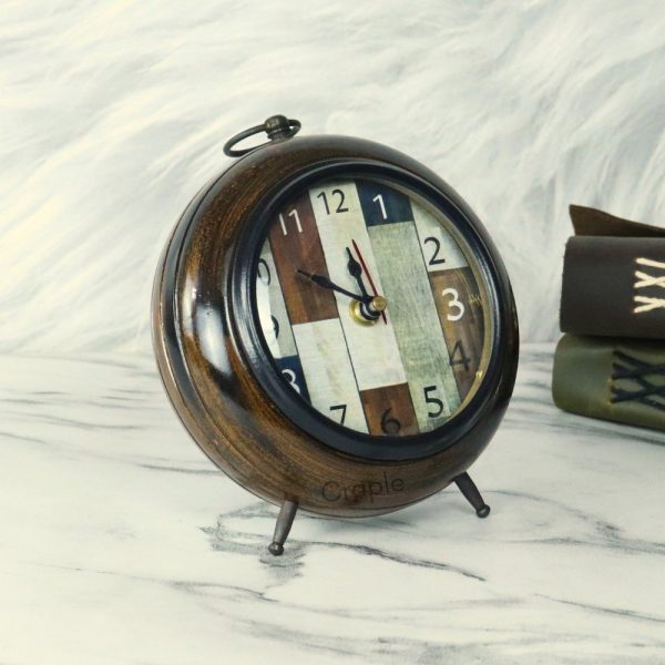 Patchwork Dial Antique Wooden Desk Clock | Handcrafted, Vintage Alarm Style | Rustic Tabletop Decor & Gift - Image 3