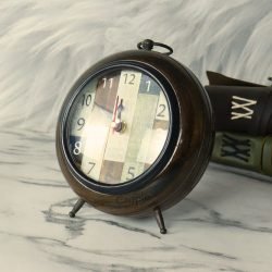 Patchwork Dial Antique Wooden Desk Clock | Handcrafted, Vintage Alarm Style | Rustic Tabletop Decor & Gift - Image 2