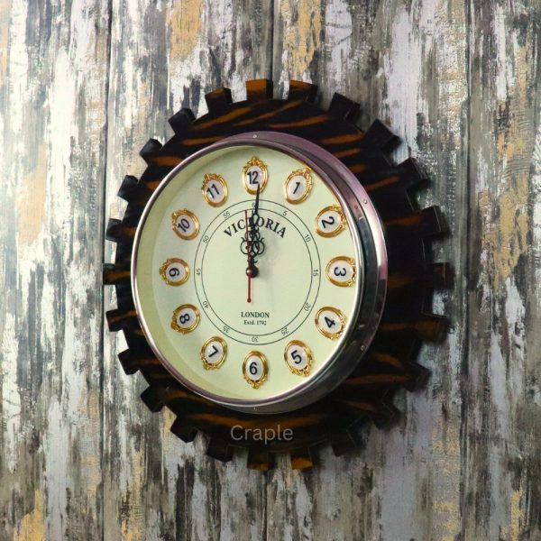 Victoria Round Gear-Shaped Wooden Wall Clock - Image 3