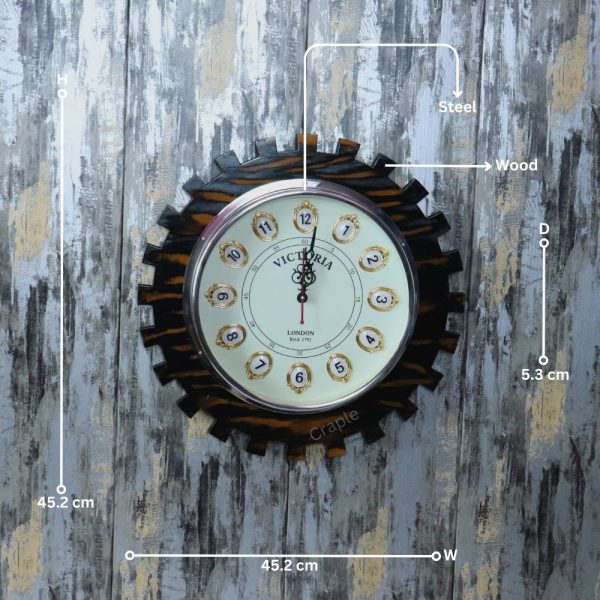 Victoria Round Gear-Shaped Wooden Wall Clock - Image 4