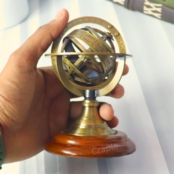 Small Brass Armillary Sphere | Zodiac Markings, Wood Base | Compact Desk Decor & Nautical Gift - Image 2