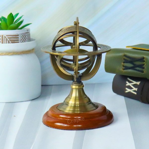Small Brass Armillary Sphere | Zodiac Markings, Wood Base | Compact Desk Decor & Nautical Gift - Image 1
