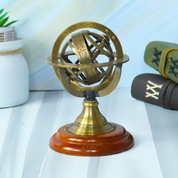 Small Brass Armillary Sphere | Zodiac Markings, Wood Base | Compact Desk Decor & Nautical Gift - Image 9