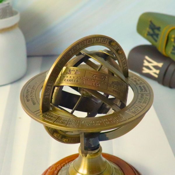 Small Brass Armillary Sphere | Zodiac Markings, Wood Base | Compact Desk Decor & Nautical Gift - Image 6