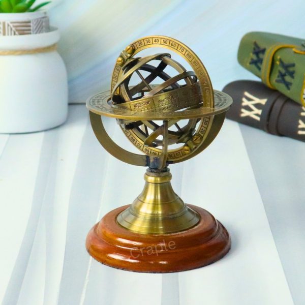 Small Brass Armillary Sphere | Zodiac Markings, Wood Base | Compact Desk Decor & Nautical Gift - Image 5
