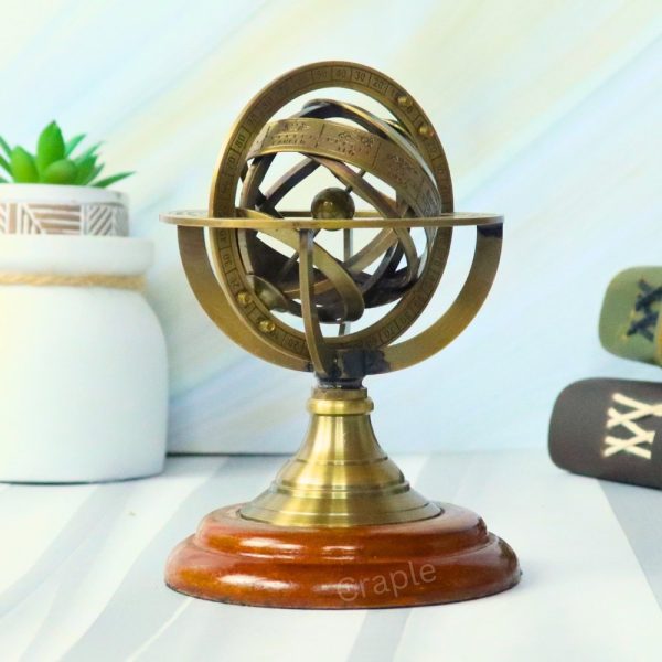 Small Brass Armillary Sphere | Zodiac Markings, Wood Base | Compact Desk Decor & Nautical Gift - Image 4