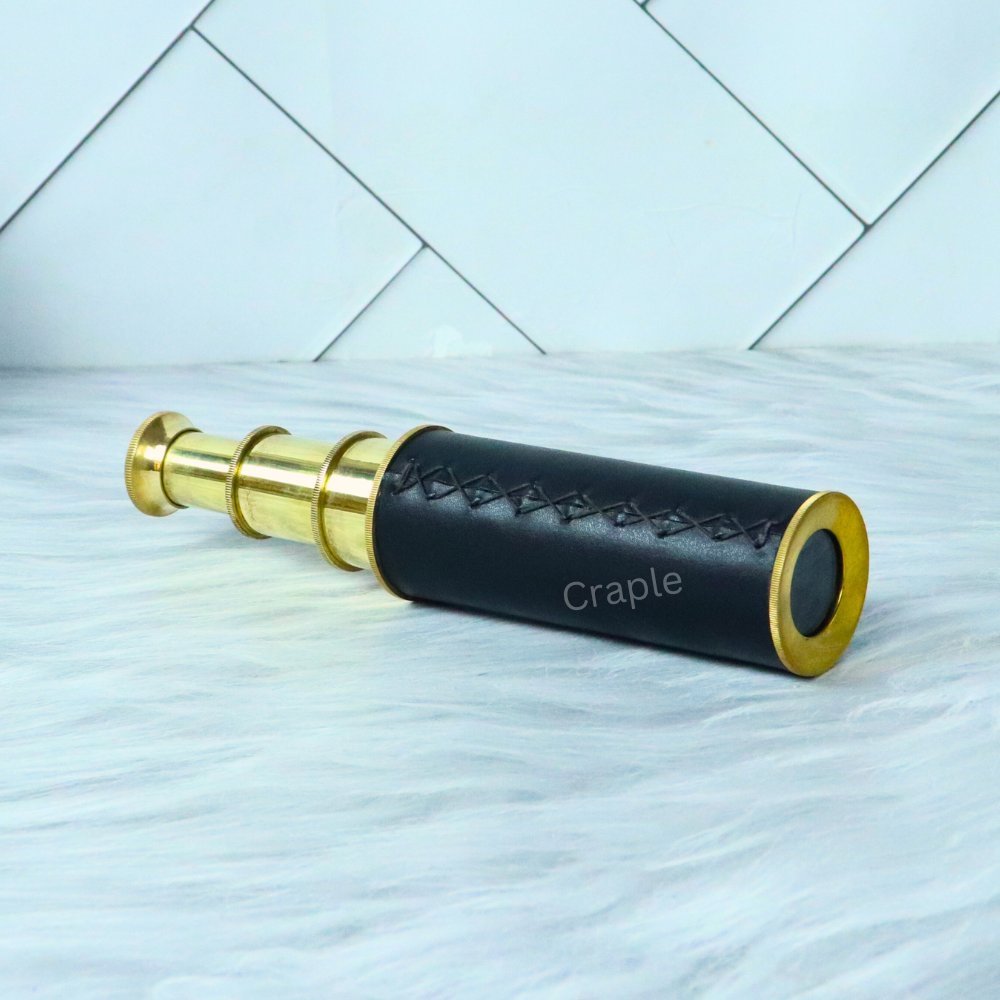 Handcrafted Black Leather Wrapped Gold Finish Telescope