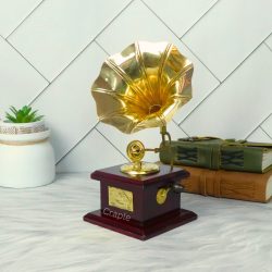 Handmade Brass & Wood Decorative Gramophone | Shiny Brass Horn | Vintage Style Music Decor & Gift - Image 3