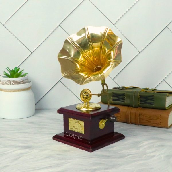 Handmade Brass & Wood Decorative Gramophone | Shiny Brass Horn | Vintage Style Music Decor & Gift - Image 3